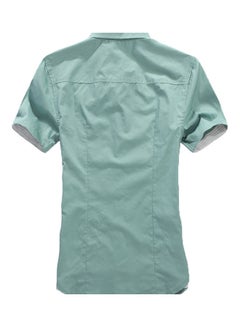 Generic Men Solid Colour Turndown Collar Short Sleeve Button Embroidered Slim Fit Shirt Green  - Image 3