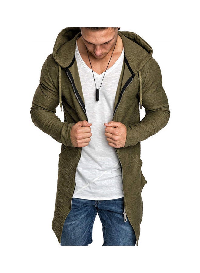 Men Zippered Slim Fit Hooded Pocket Mid-Length Outwear Coat Jacket?Cardigan Army Green - Image 2