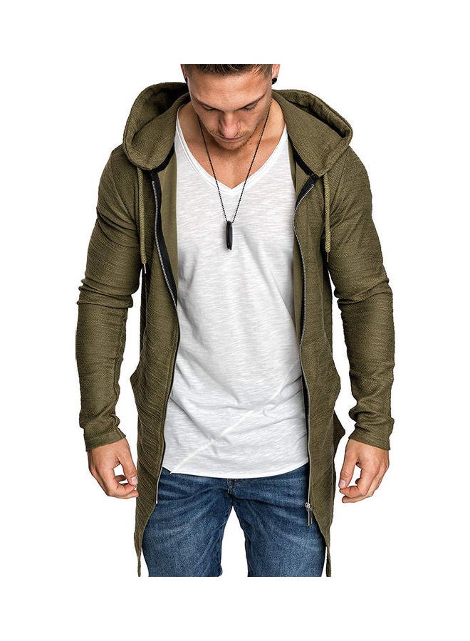 Men Zippered Slim Fit Hooded Pocket Mid-Length Outwear Coat Jacket?Cardigan Army Green - Image 3