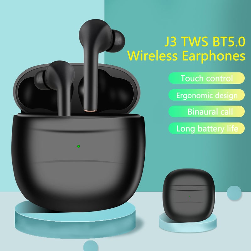 Generic - J3 TWS BT5.0 Wireless Half-in Ear Auto Pairing Touch Control Noise Reduction Earphones With Microphone Black - Image 1