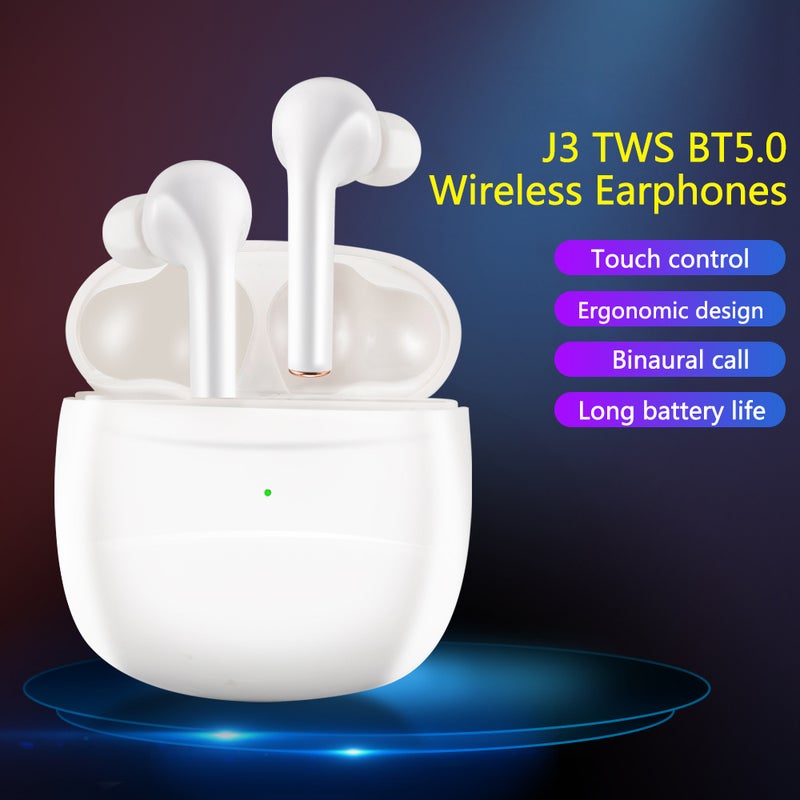 Generic - J3 TWS BT5.0 Wireless Half-in Ear Auto Pairing Touch Control Noise Reduction Earphones With Microphone White - Image 1