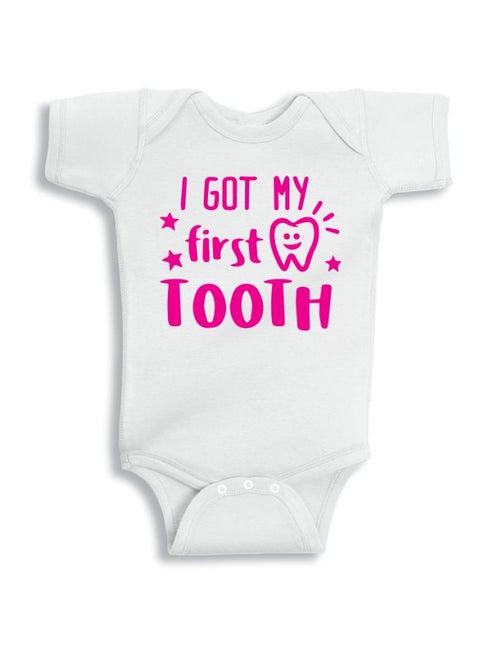 I Got My First Tooth Printed Onesie White/Pink