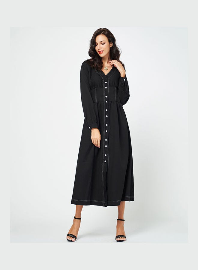 Women's Aline High Waist V Neck Long Sleeve Solid Button Dress Black - Image 1