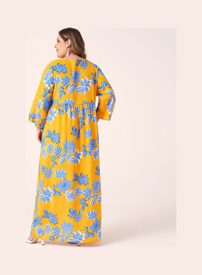 فستان شيفت بقصة كبيرة وأكمام طويلة وفتحة رقبة على شكل حرف O مزين بطبعات أصفر - Image 2