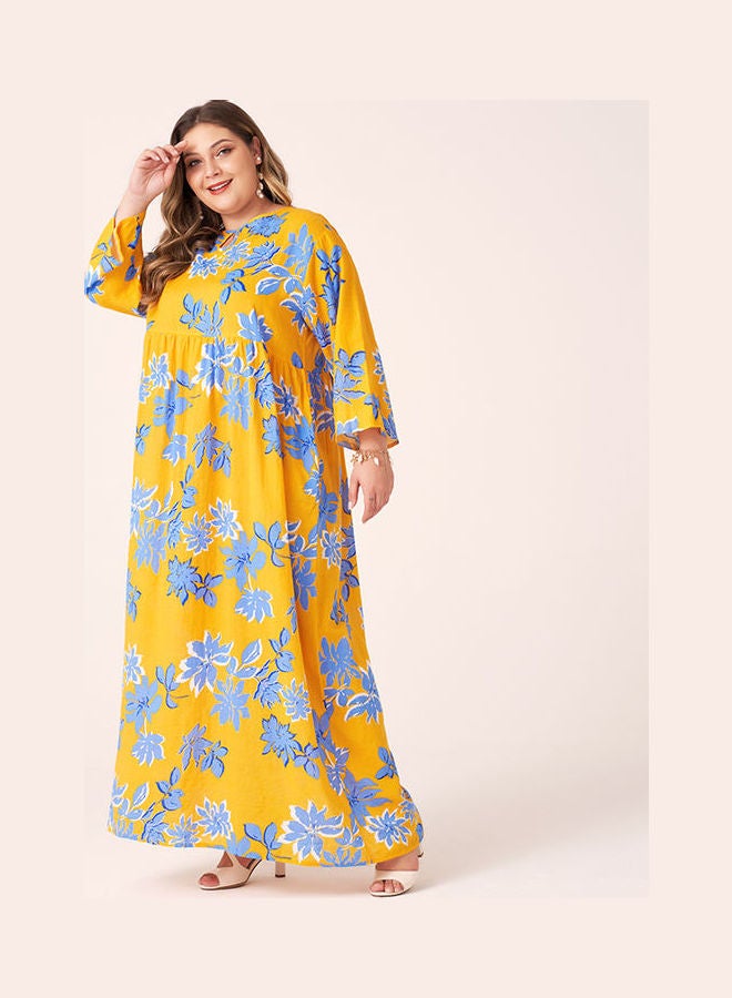 فستان شيفت بقصة كبيرة وأكمام طويلة وفتحة رقبة على شكل حرف O مزين بطبعات أصفر - Image 3