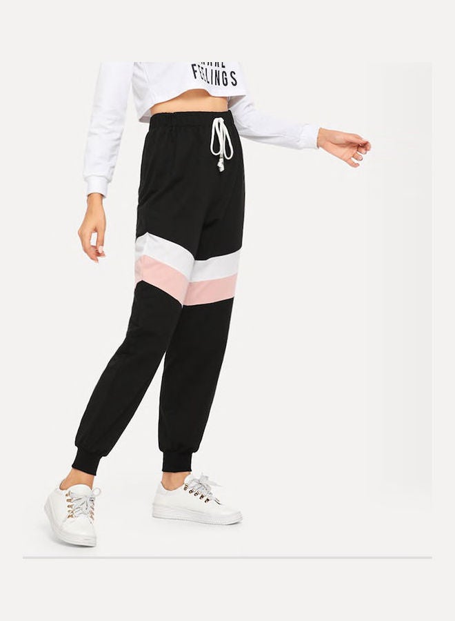 Women's Cropped Pocket Patchwork Drawstring Color Block Pants Black - Image 2