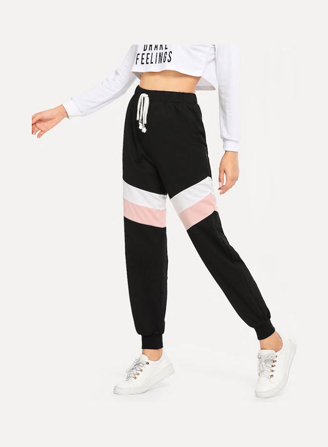 Women's Cropped Pocket Patchwork Drawstring Color Block Pants Black - Image 1