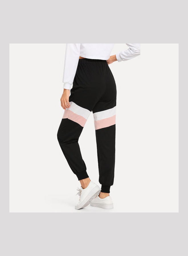 Women's Cropped Pocket Patchwork Drawstring Color Block Pants Black - Image 3