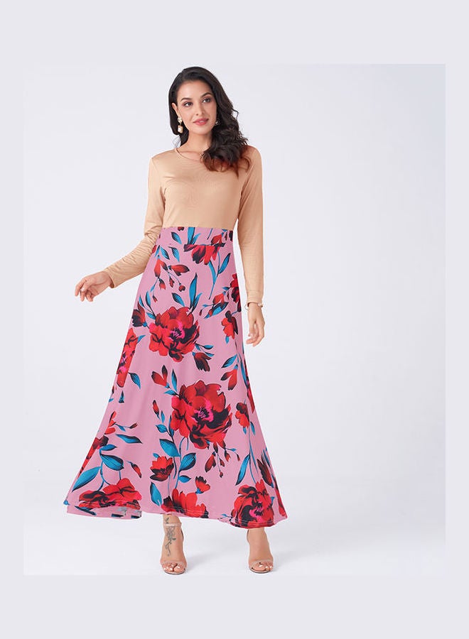 فستان عصري للنساء بأكمام طويلة وقصة على شكل حرف A وفتحة رقبة على شكل حرف O ومزين بطبعة زهور وردي - Image 1