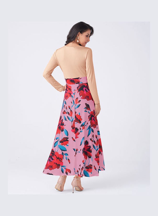 فستان عصري للنساء بأكمام طويلة وقصة على شكل حرف A وفتحة رقبة على شكل حرف O ومزين بطبعة زهور وردي - Image 3