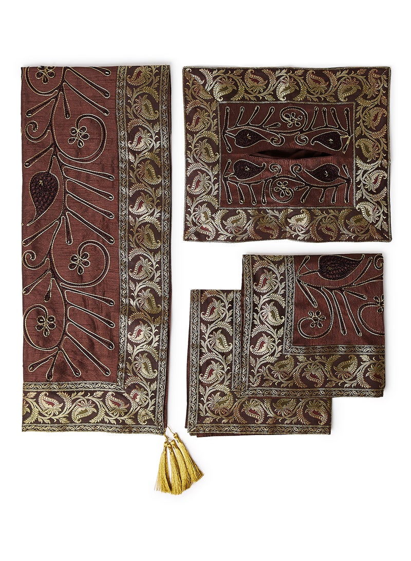 Ikras 4-Piece Embroidered Runner With Placemat And Tissue Box Set Brown 100x50cm - Image 1