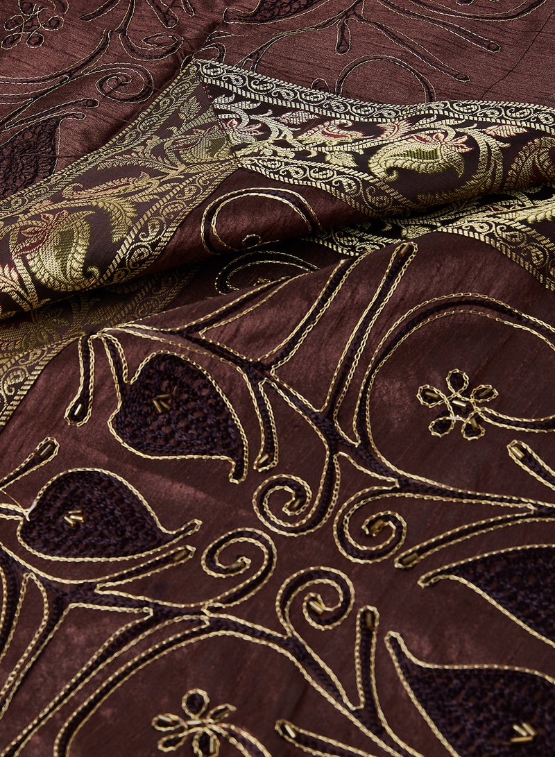 Ikras 4-Piece Embroidered Runner With Placemat And Tissue Box Set Brown 100x50cm - Image 2