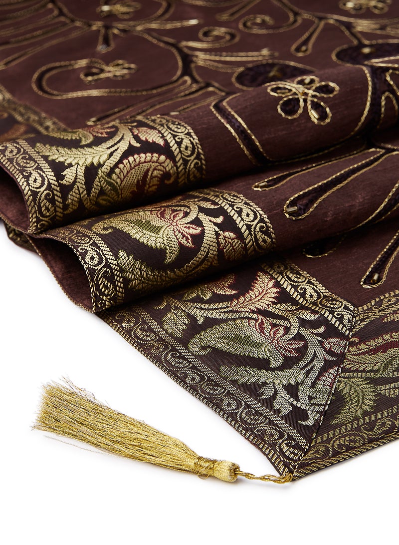 Ikras 4-Piece Embroidered Runner With Placemat And Tissue Box Set Brown 100x50cm - Image 4