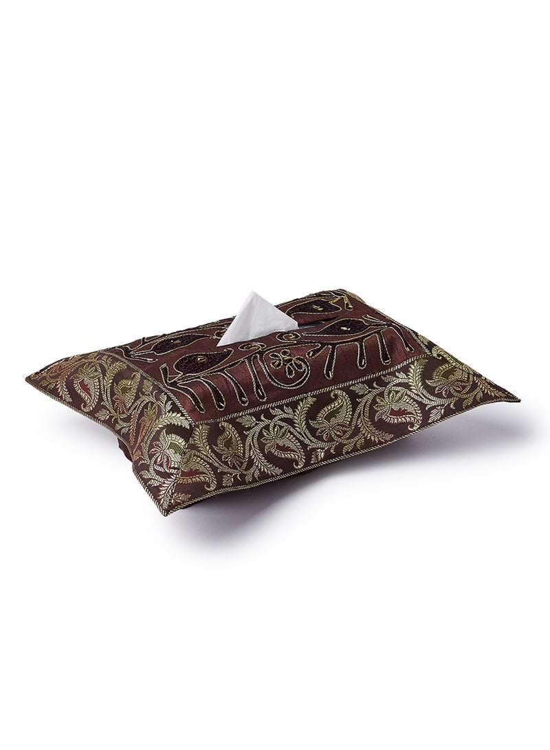 Ikras 4-Piece Embroidered Runner With Placemat And Tissue Box Set Brown 100x50cm - Image 3