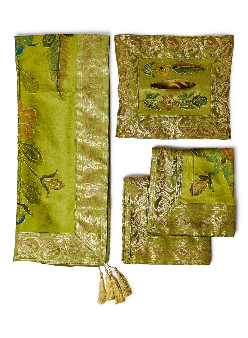 Ikras 4-Piece Embroidered Runner With Placemat And Tissue Box Set Green 100x50cm - Image 1