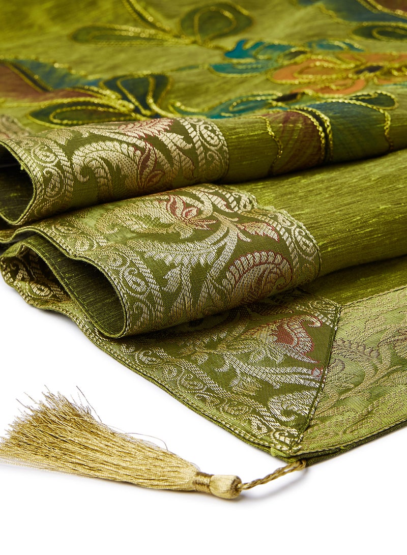 Ikras 4-Piece Embroidered Runner With Placemat And Tissue Box Set Green 100x50cm - Image 4