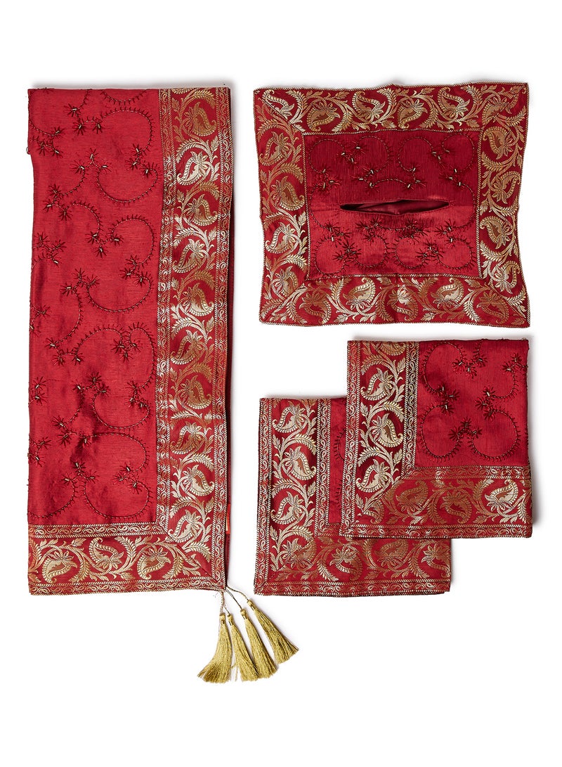 Ikras 4-Piece Embroidered Runner With Placemat And Tissue Box Set Red/Gold 50x100cm - Image 1