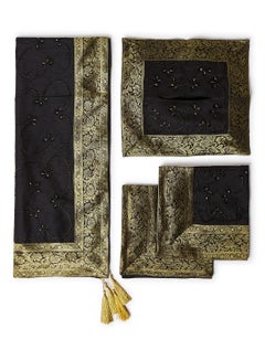 Ikras 4-Piece Embroidered Runner With Placemat And Tissue Box Set Black/Gold 50x100cm  - Image 1