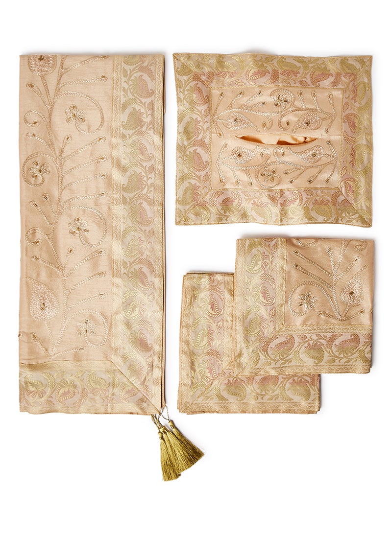 Ikras 4-Piece Embroidered Runner With Placemat And Tissue Box Set Beige 50x100cm  - Image 1