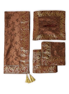 Ikras 4-Piece Embroidered Runner With Placemat And Tissue Box Set Brown 50x100cm  - Image 1
