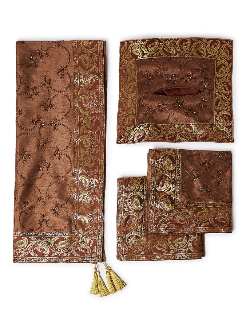 Ikras 4-Piece Embroidered Runner With Placemat And Tissue Box Set Brown 50x100cm - Image 1