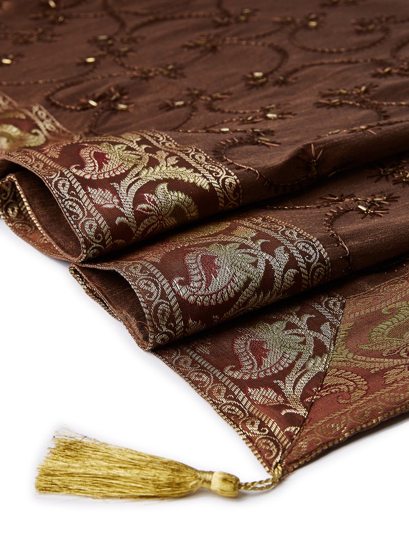 Ikras 4-Piece Embroidered Runner With Placemat And Tissue Box Set Brown 50x100cm - Image 4
