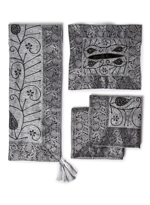 4-Piece Embroidered Runner With Placemat And Tissue Box Set Grey 50x100cm