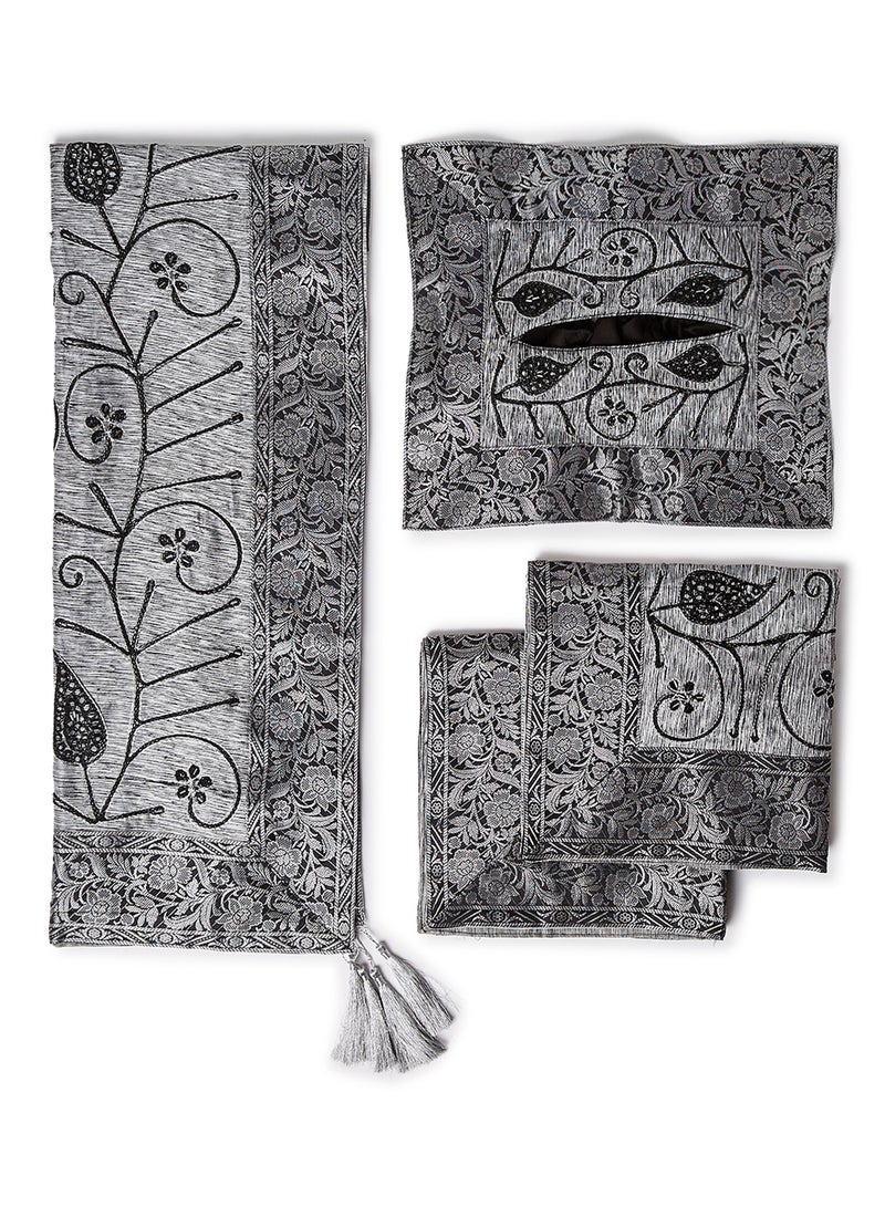 Ikras - 4-Piece Embroidered Runner With Placemat And Tissue Box Set Grey 50x100cm - Image 1