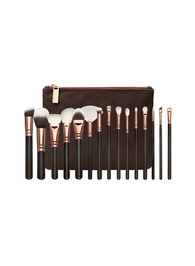 مجموعة فرش مكياج من 15 قطعة مع حقيبة مكياج بني - Image 1