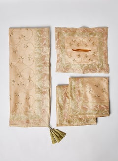 Ikras 4-Piece Embroidered Runner With Placemat And Tissue Box Set Beige 50x100cm  - Image 1