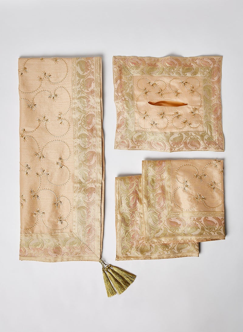 Ikras 4-Piece Embroidered Runner With Placemat And Tissue Box Set Beige 50x100cm  - Image 1