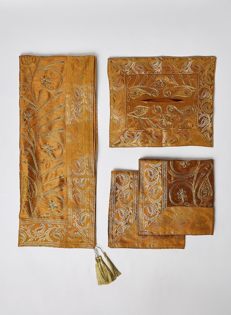 Ikras 4-Piece Embroidered Runner With Placemat And Tissue Box Set Yellow 50x100cm - Image 1
