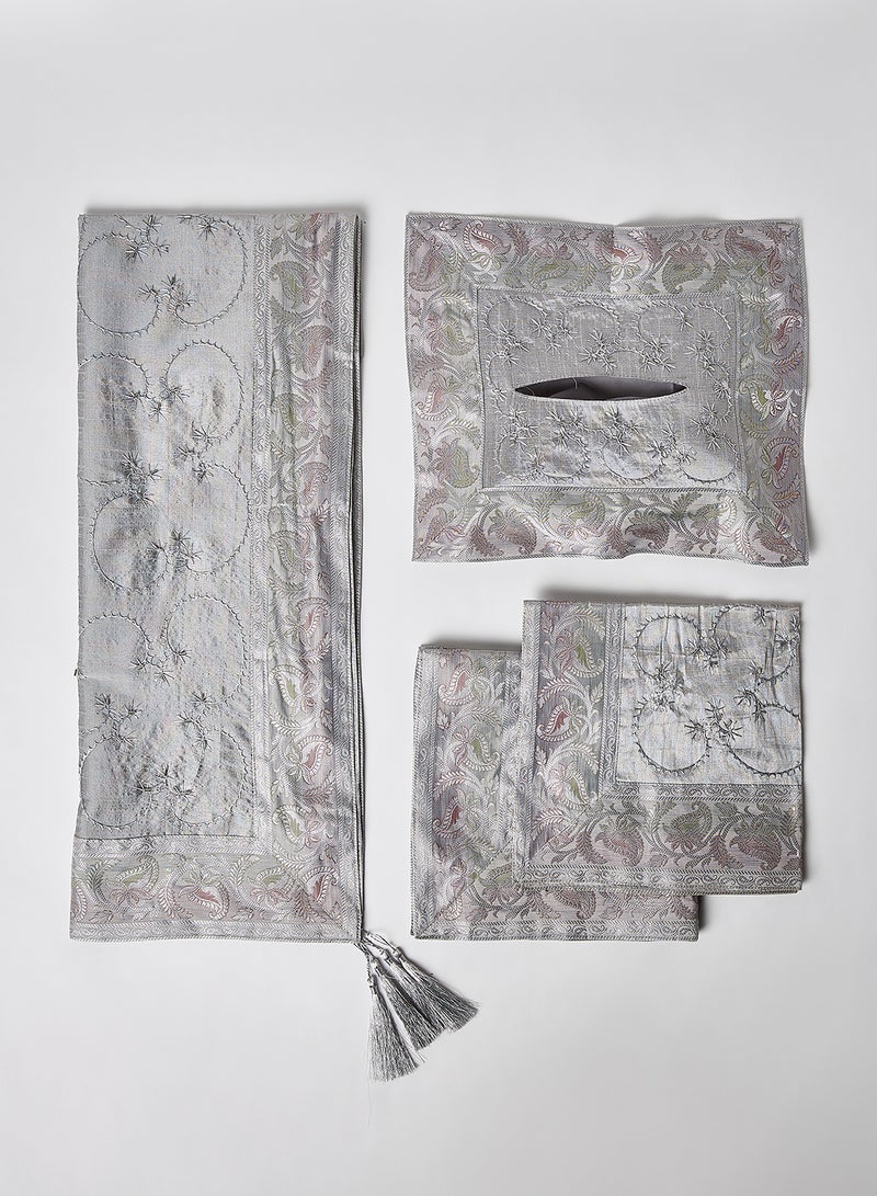 Ikras - 4-Piece Embroidered Runner With Placemat And Tissue Box Set Grey 50x100cm - Image 1