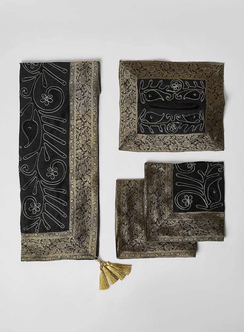 Ikras - 4-Piece Embroidered Runner With Placemat And Tissue Box Set Black 100x50cm - Image 1