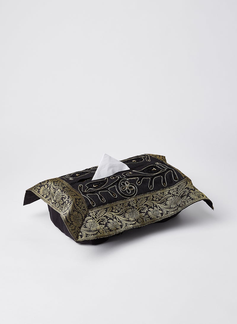 Ikras - 4-Piece Embroidered Runner With Placemat And Tissue Box Set Black 100x50cm - Image 1