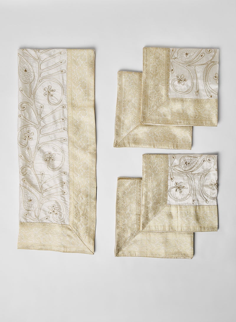 Ikras 5-Piece Embroidered Placemat and Table Runner Set White/Beige - Image 1