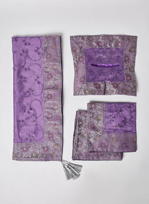 4-Piece Embroidered Runner With Placemat And Tissue Box Set Purple 50x100cm