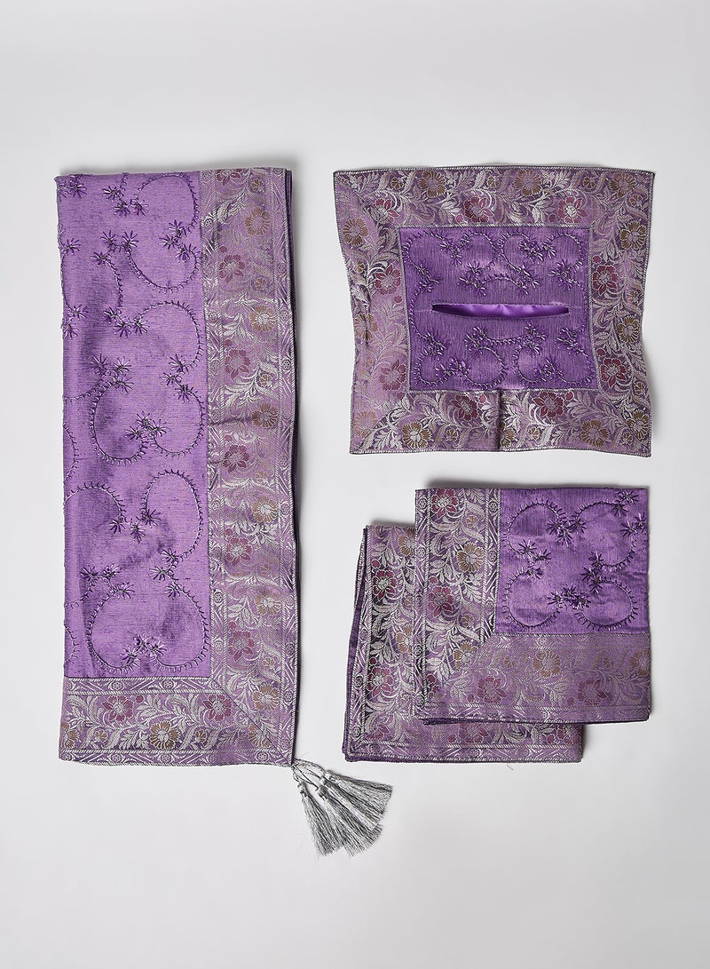 Ikras - 4-Piece Embroidered Runner With Placemat And Tissue Box Set Purple 50x100cm - Image 1