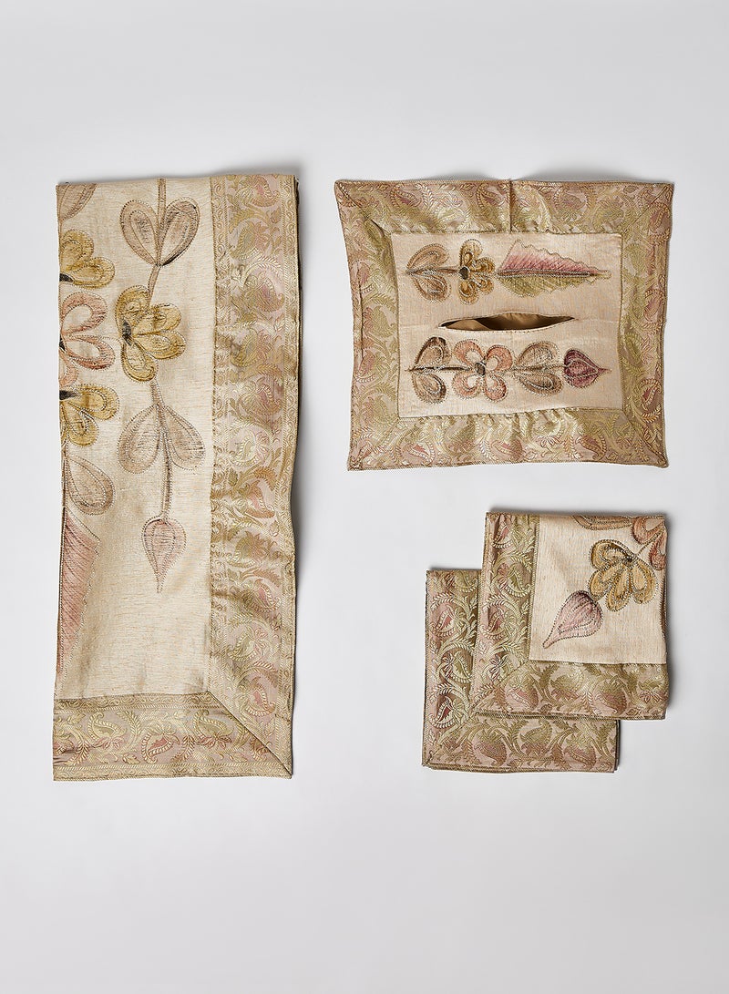 Ikras 4-Piece Embroidered Runner With Placemat And Tissue Box Set Light Beige 100x50cm  - Image 1