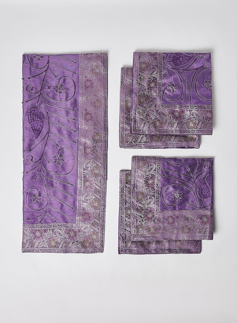Ikras 5-Piece Embroidered Placemat and Table Runner Set Purple - Image 2