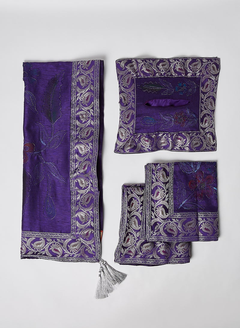 Ikras 4-Piece Embroidered Runner With Placemat And Tissue Box Set Dark Purple 100x50cm - Image 1