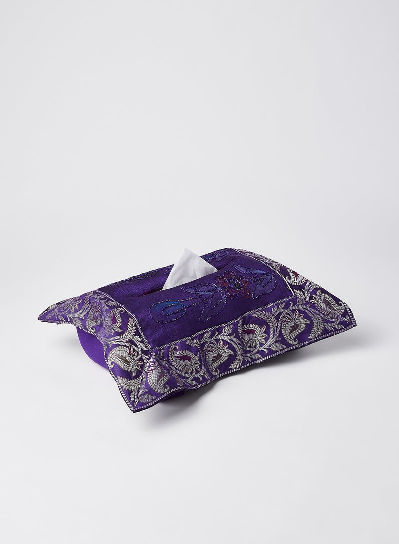 Ikras 4-Piece Embroidered Runner With Placemat And Tissue Box Set Dark Purple 100x50cm - Image 3