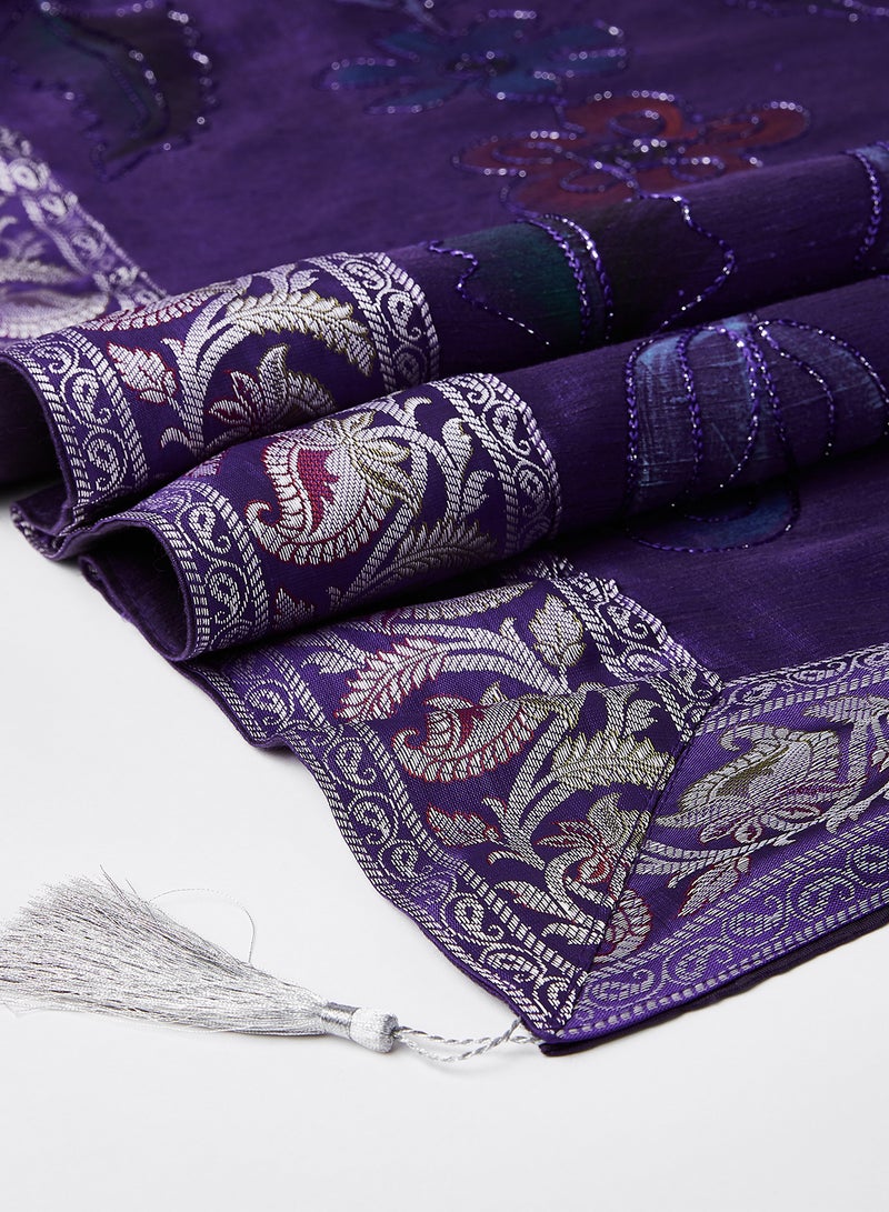 Ikras 4-Piece Embroidered Runner With Placemat And Tissue Box Set Dark Purple 100x50cm - Image 4
