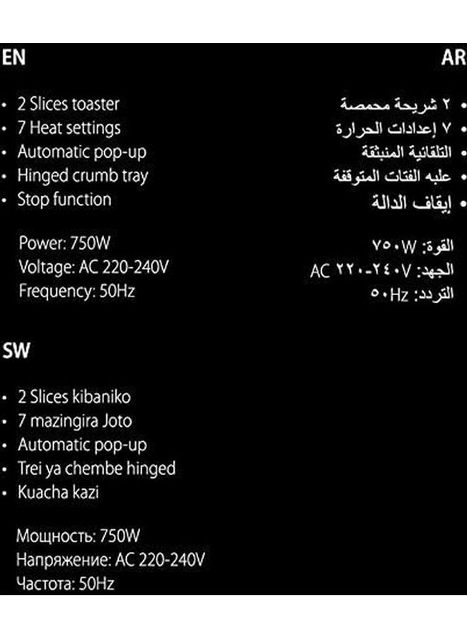 Saachi Stainless Steel 2 Slice Toaster 750W 750 W NL-TO-4567-BK Black  - Image 4