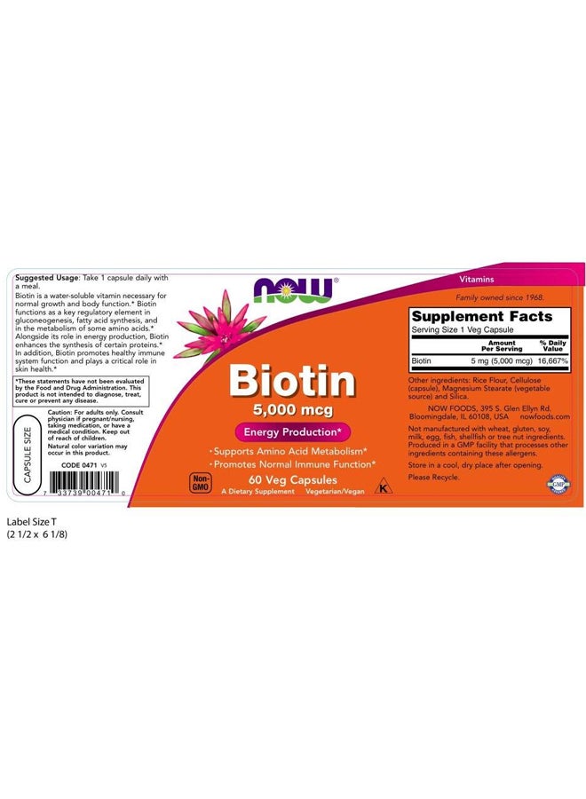 Now Foods Biotin 5,000 Mcg - 60 Veg Capsules  - Image 2