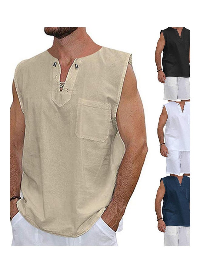 Hippie Drawstring V-Neck Shirt White - Image 4