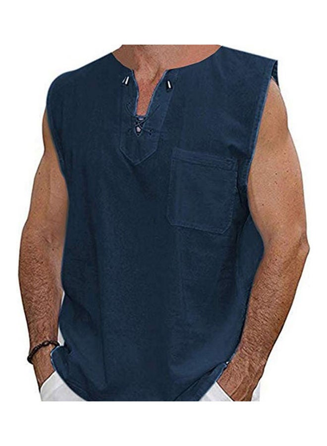 Hippie Drawstring V-Neck Shirt Navy Blue - Image 1