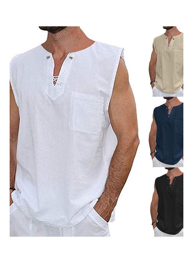 Hippie Drawstring V-Neck Shirt Navy Blue - Image 2