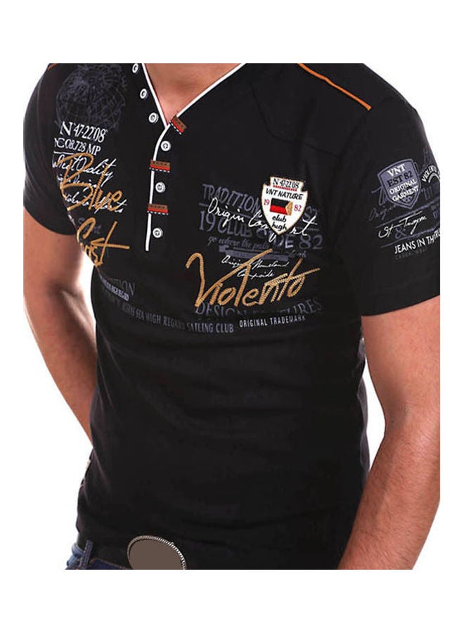 Letter Print Buttons V Neck Short Sleeve T-Shirt Black  - Image 1