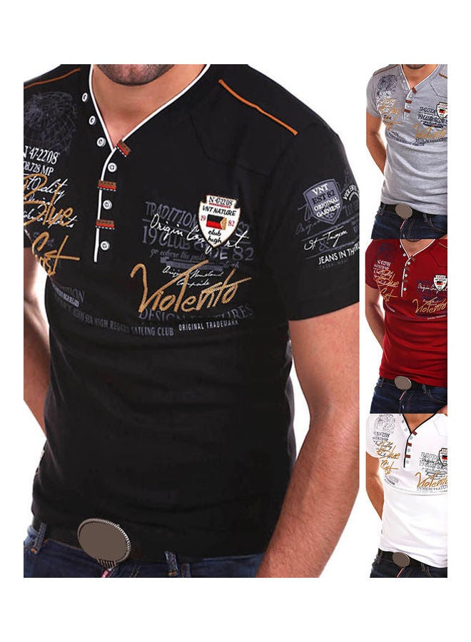 Letter Print Buttons V Neck Short Sleeve T-Shirt Black  - Image 3